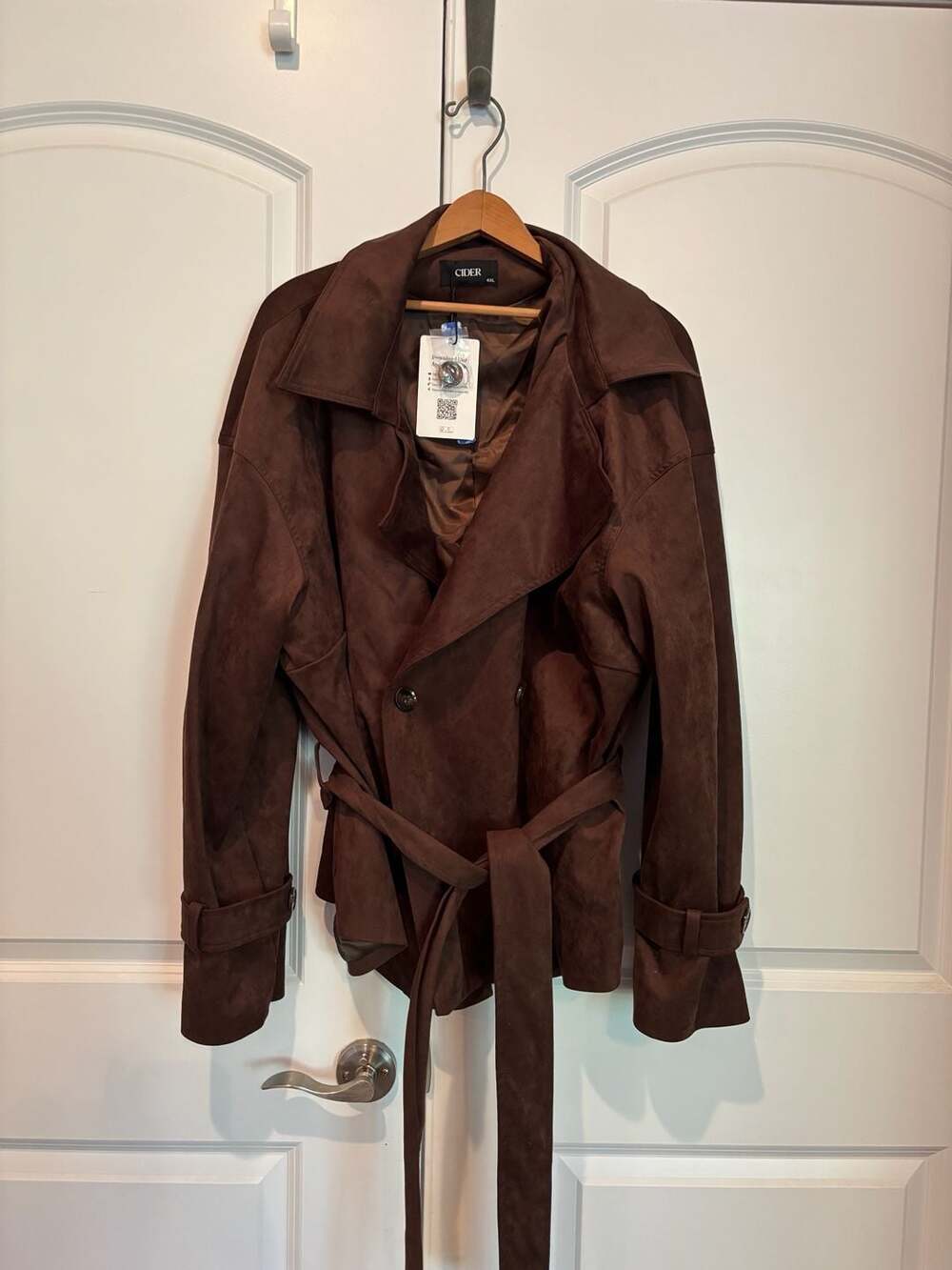 Cider Faux Suede Belted Trench Jacket in Brown